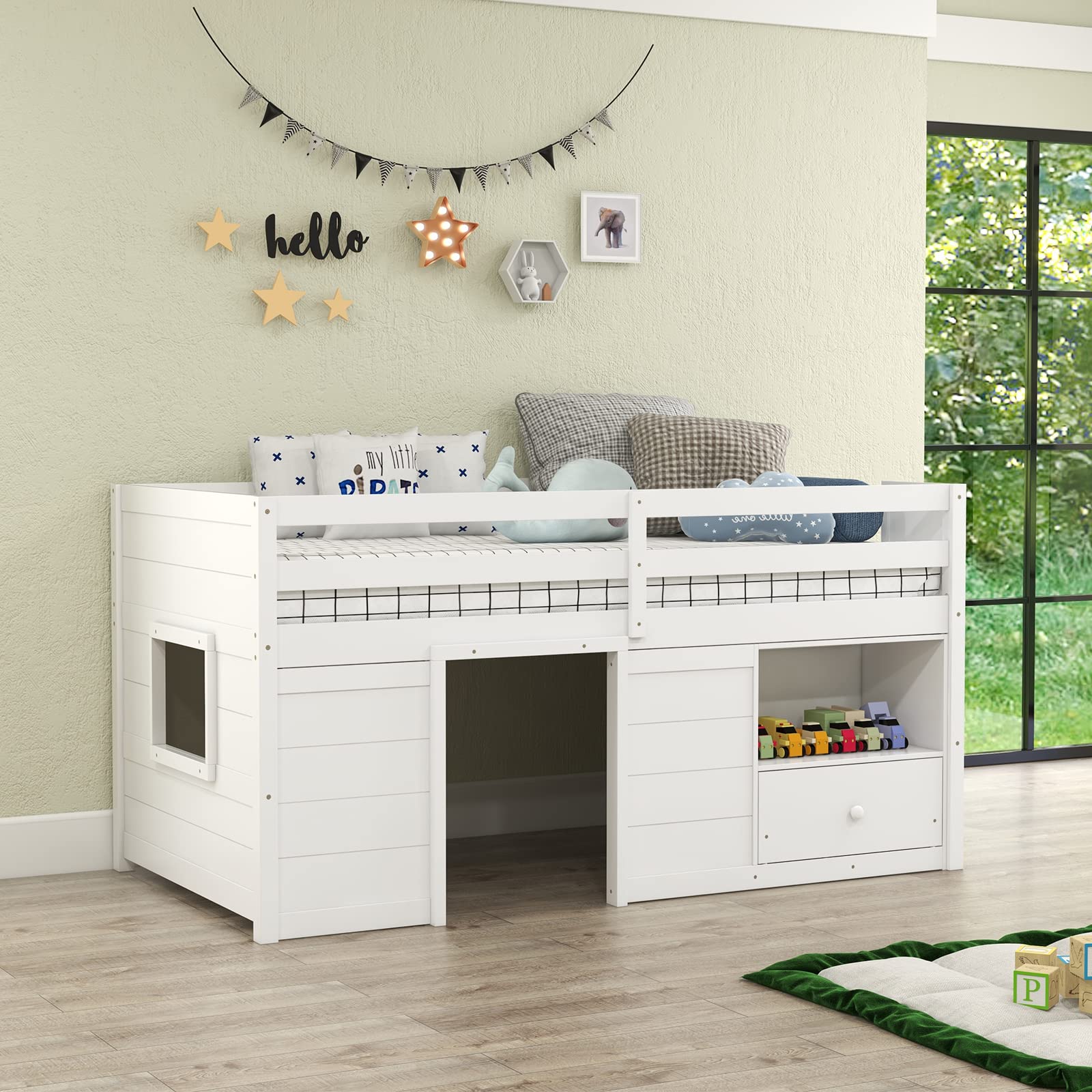 Giantex Twin Low Loft Bed with Storage, Solid Wood House Loft Bed with Drawer & Activity Center, White