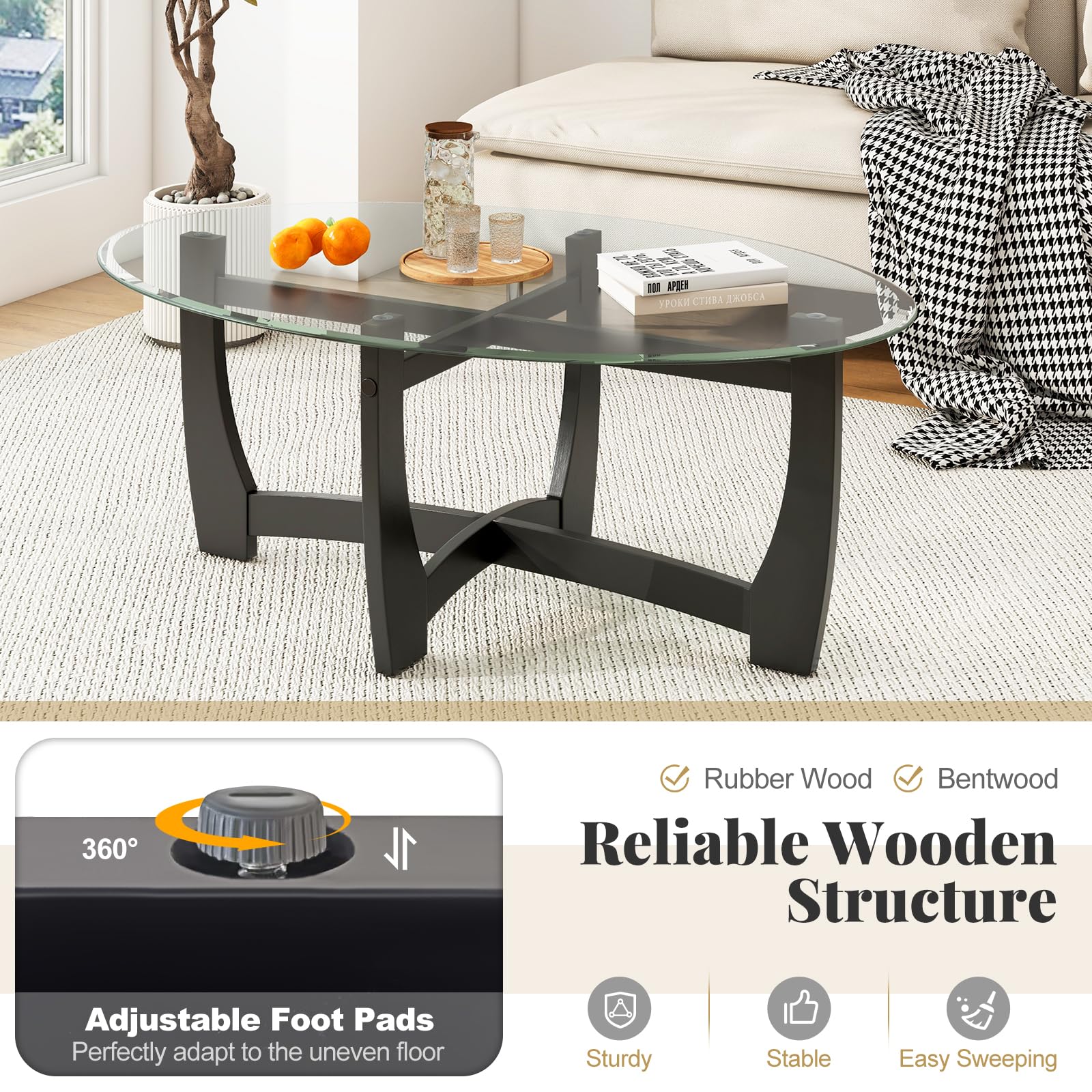 Giantex Glass Coffee Table, 48" Oval Accent Tea Table with Tempered Glass Top & Solid Wood Structure