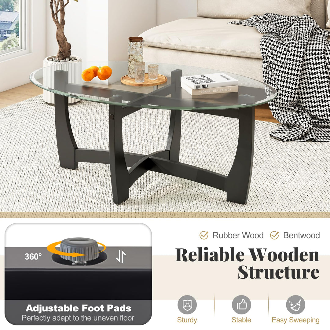 Giantex Glass Coffee Table, 48" Oval Accent Tea Table with Tempered Glass Top & Solid Wood Structure