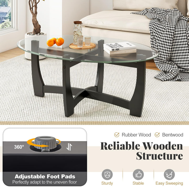 Giantex Glass Coffee Table, 48" Oval Accent Tea Table with Tempered Glass Top & Solid Wood Structure