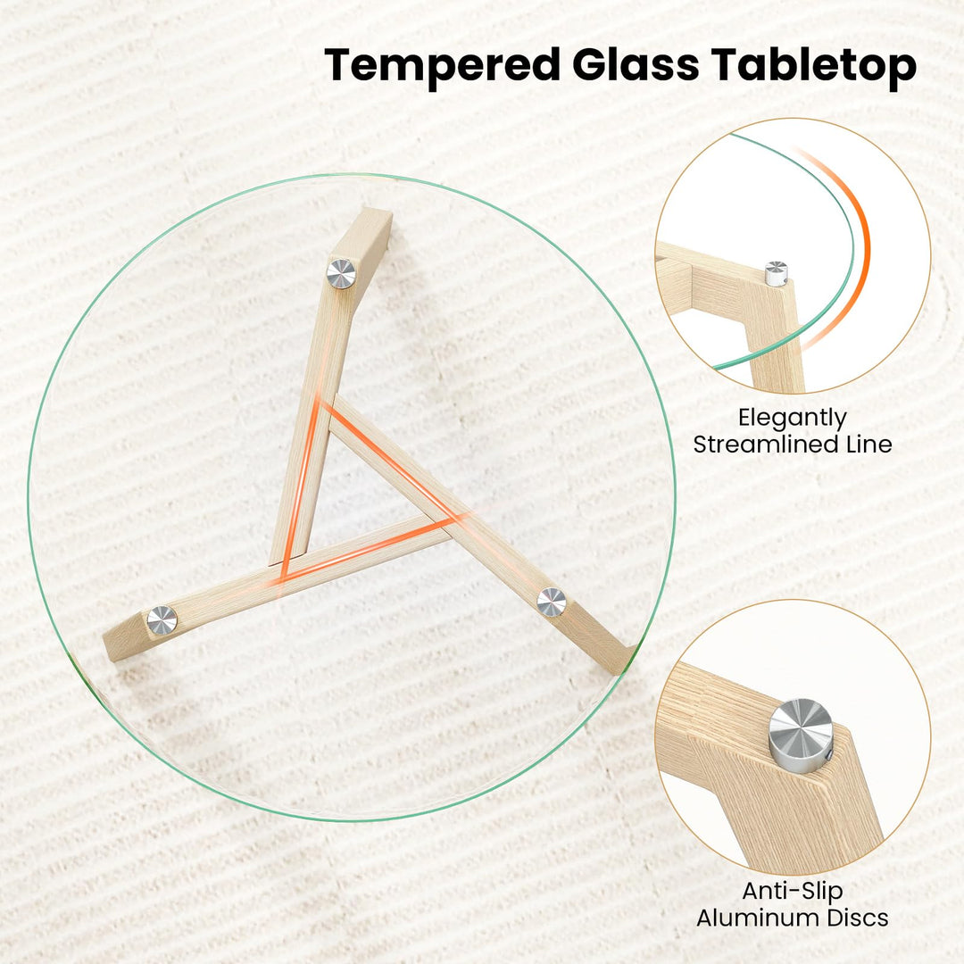 Giantex Glass Round Side Table w/Tempered Glass Top & Rubber Wood Frame
