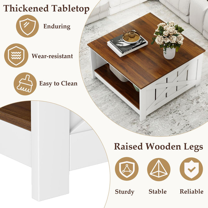 Giantex Farmhouse Coffee Table 31 Inch Square Wood Coffee Table with Storage Shelf