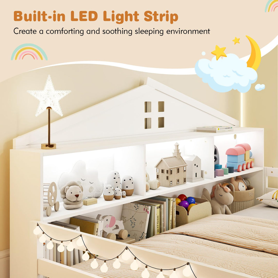 Giantex Montessori Floor Bed with LED Lights 2-in-1 Wooden House Bed Frame with Safety Guardrails