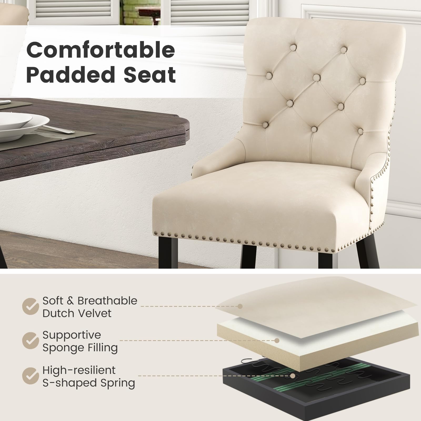 Gianex Upholstered Dining Chairs Set, Wood Wingback Accent Chairs w/Rubber Wood Legs & Nailhead Button Tufted Back