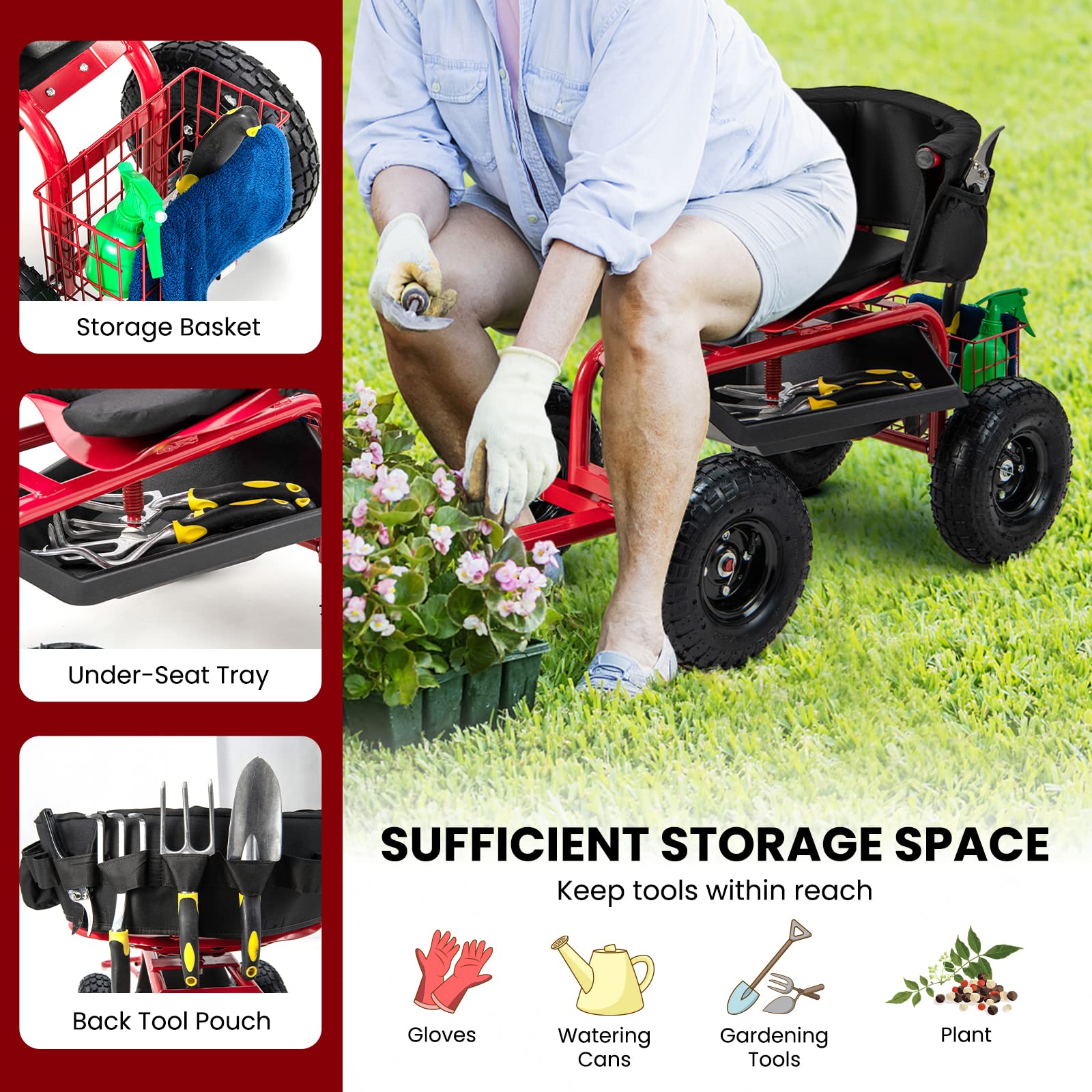 Giantex Rolling Garden Cart, 360 Swivel Workseat with 4 Wheels, Removal Cushion & Tool Tray, Storage Basket