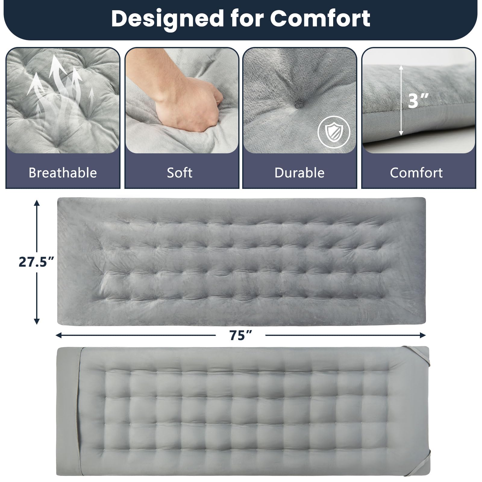 Giantex Camping Cot Pad, 75" x 27.5" x 3" Recliner Cushion with 4 Fixing Straps, Thickened Cushion for Lounge Chair and Swing