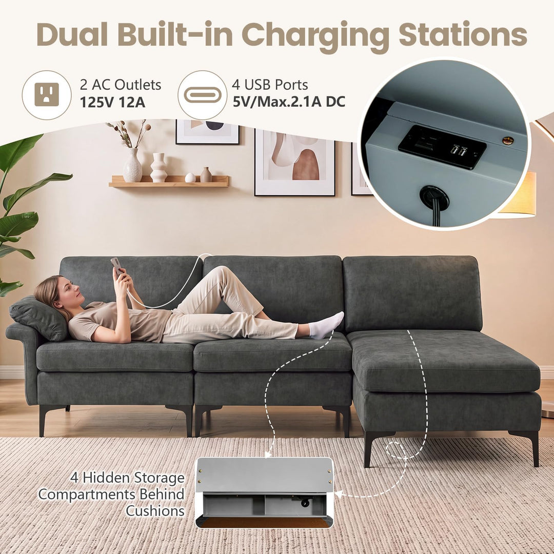 GIANTEX 95" L-Shaped Modular Sectional Sofa with Storage &amp; Charging Station