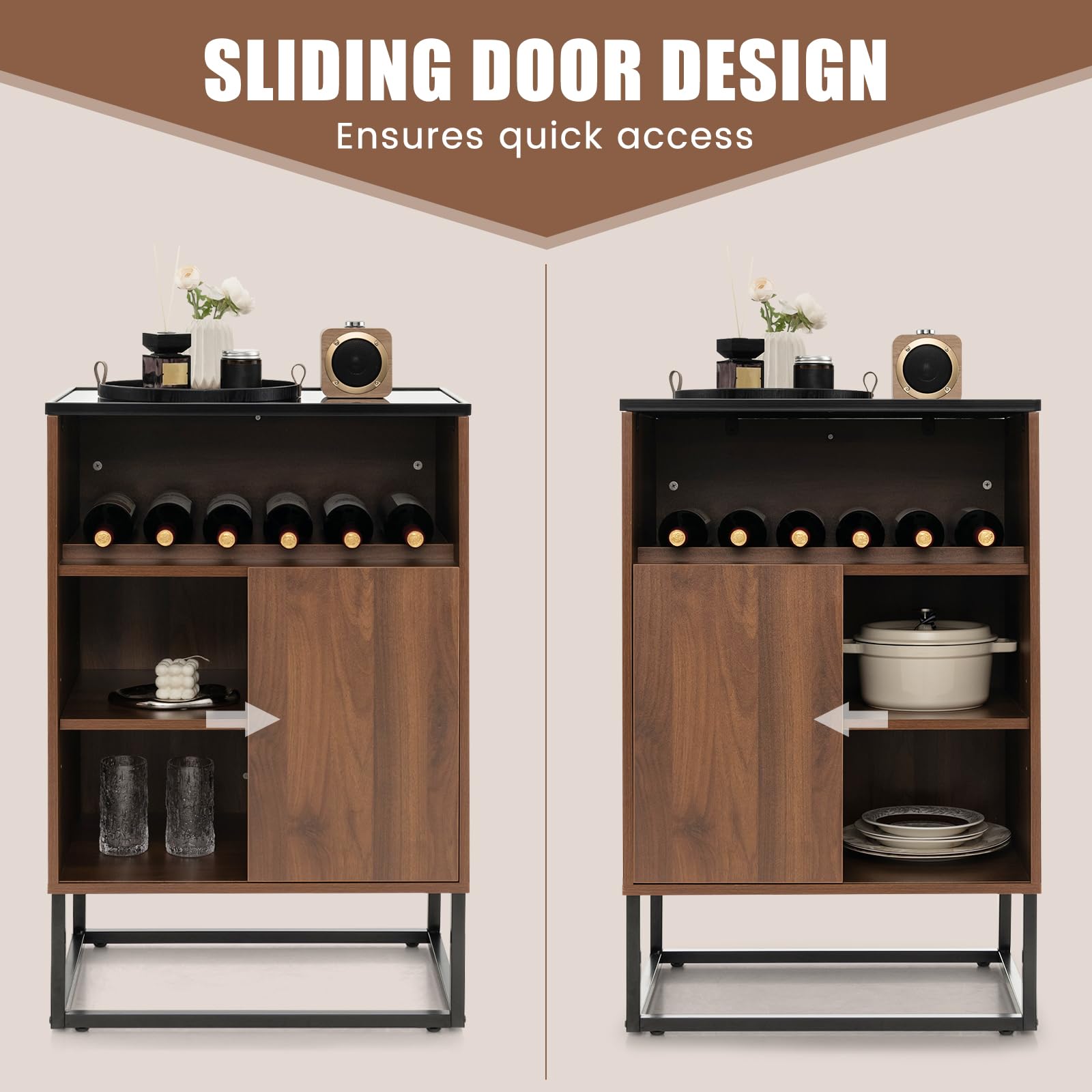 Giantex Wine Bar Cabinet, Small Sideboard Buffet Cabinet with Tempered Glass Top, Adjustable Feet & Shelf, Sliding Door