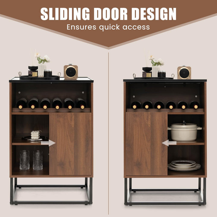 Giantex Wine Bar Cabinet, Small Sideboard Buffet Cabinet with Tempered Glass Top, Adjustable Feet & Shelf, Sliding Door