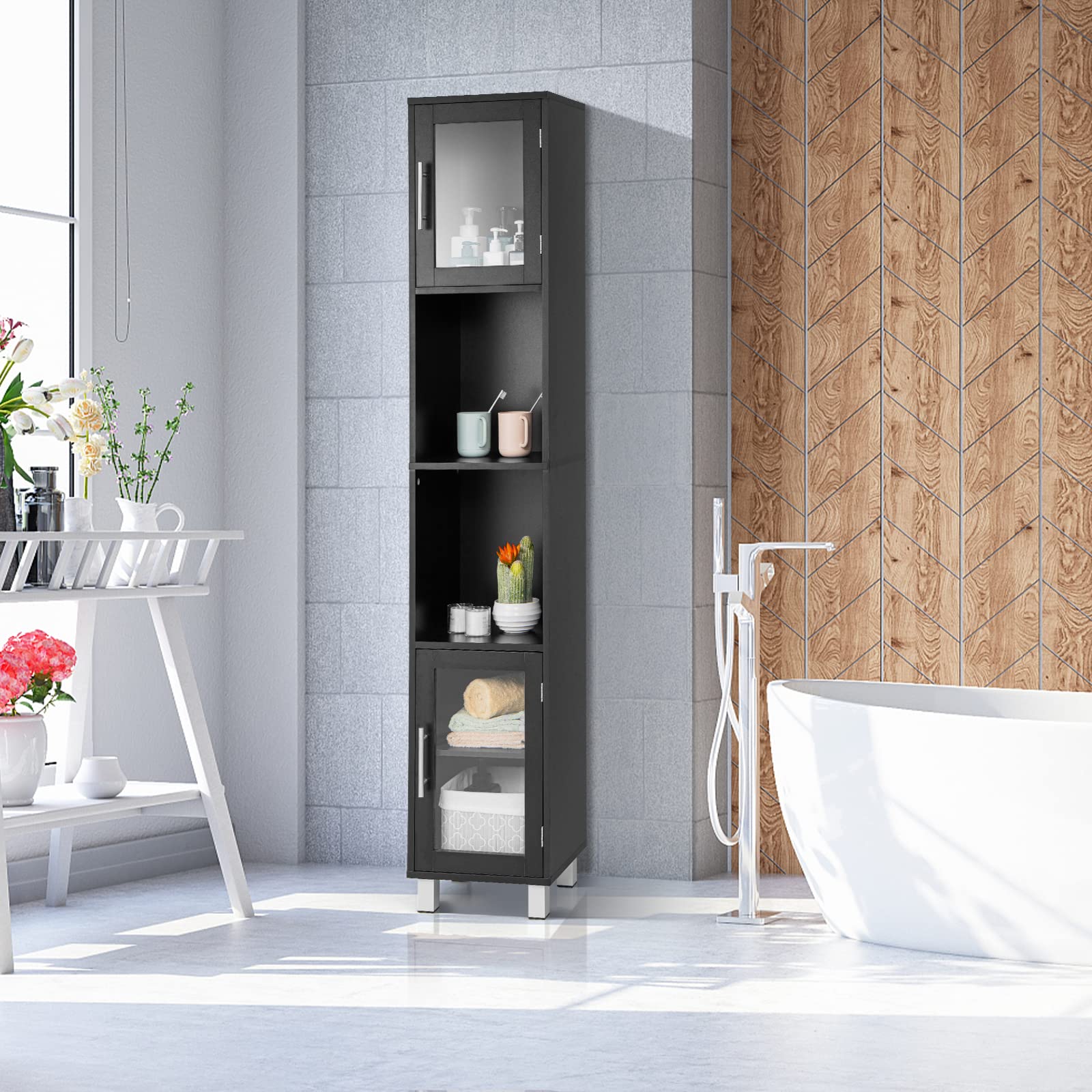Tall Bathroom Cabinet, Home Bedroom Living Room Wood Linen Storage Cabinet Free Standing