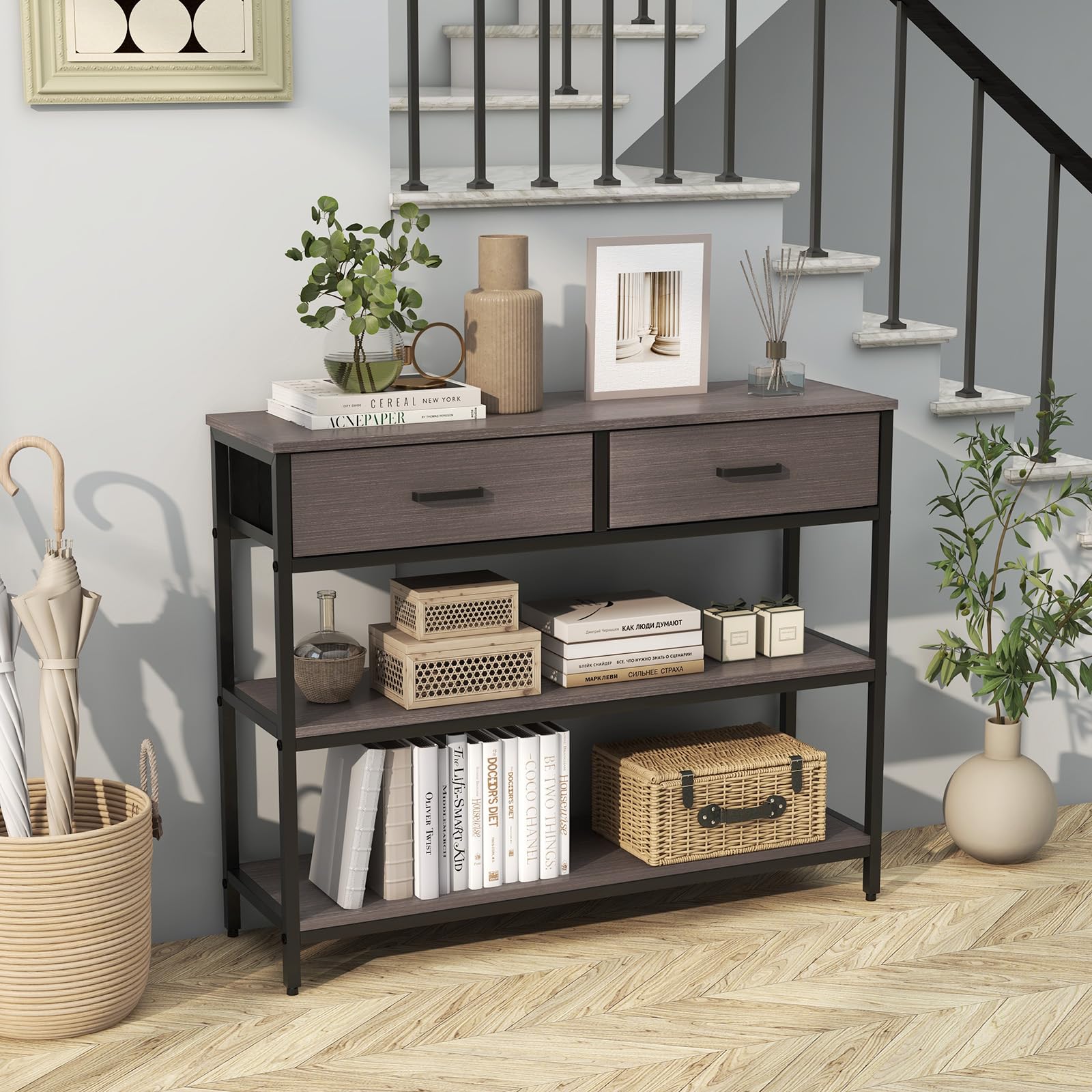 Giantex 3-Tier Entryway Table with Storage, Sofa Table w/ 2 Large Drawers, 2 Open Storage Shelves
