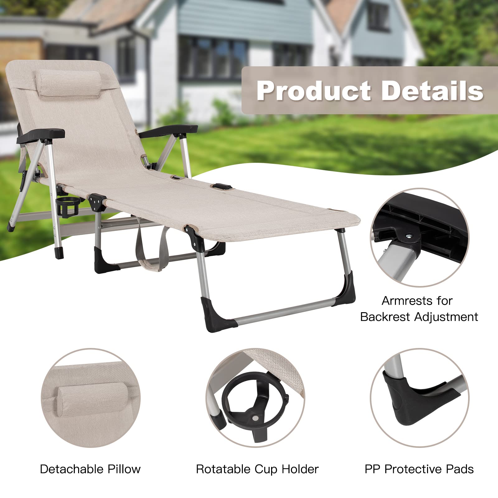 Patio Chaise Lounge Chair 7 Adjustable Position Folding Camping Cot