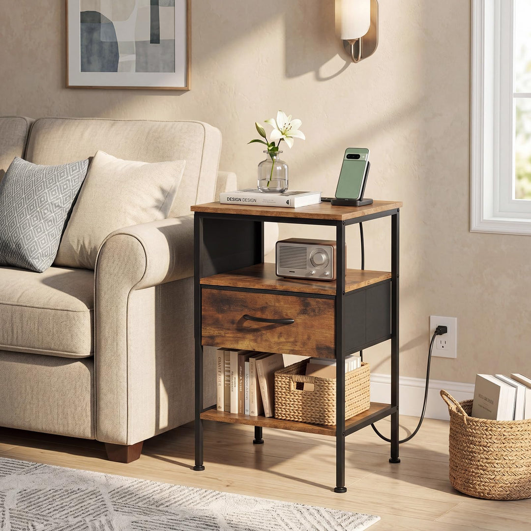 GIANTEX 24.5" Nightstand with Charging Station &amp; 1 Fabric Drawer (1/2)