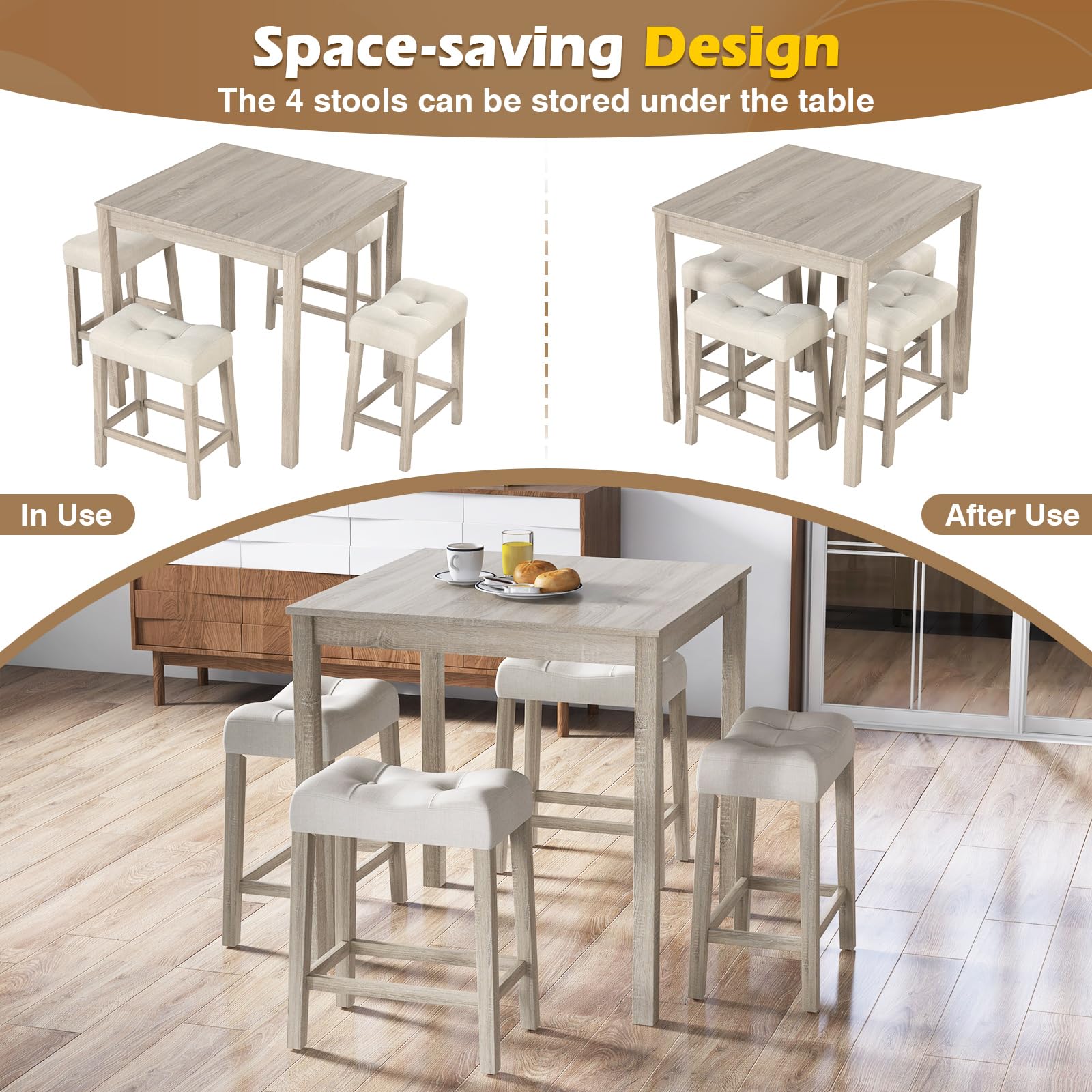 Giantex Dining Table Set for 4, 5-Piece Bar Table Set with 35”x35 Square Table, 18”x11 Padded Stools