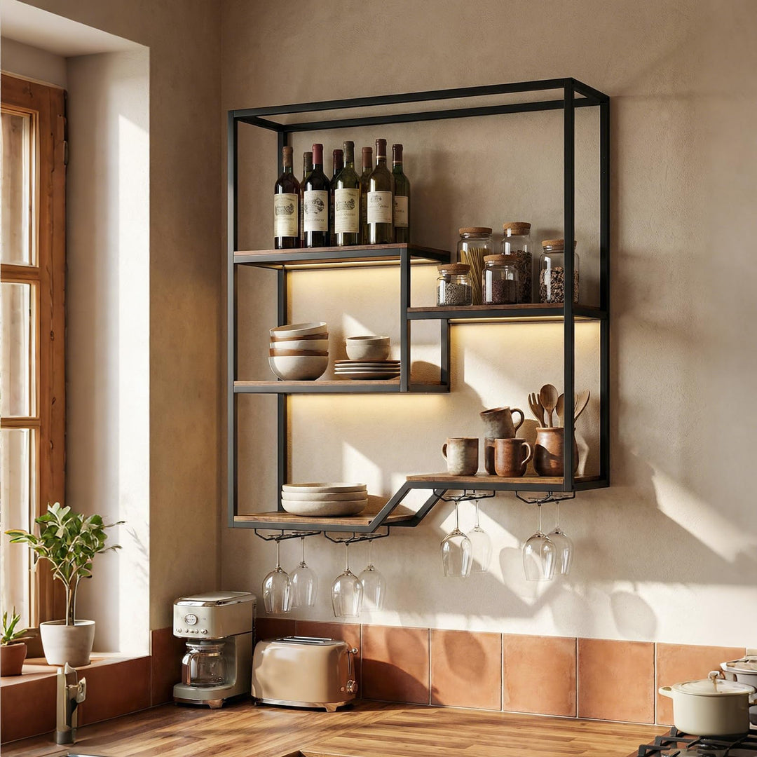 Giantex Wall Mounted Wine Rack 6-Tier Hanging Bar Shelf with Bottle Display Shelf and Glass Holder