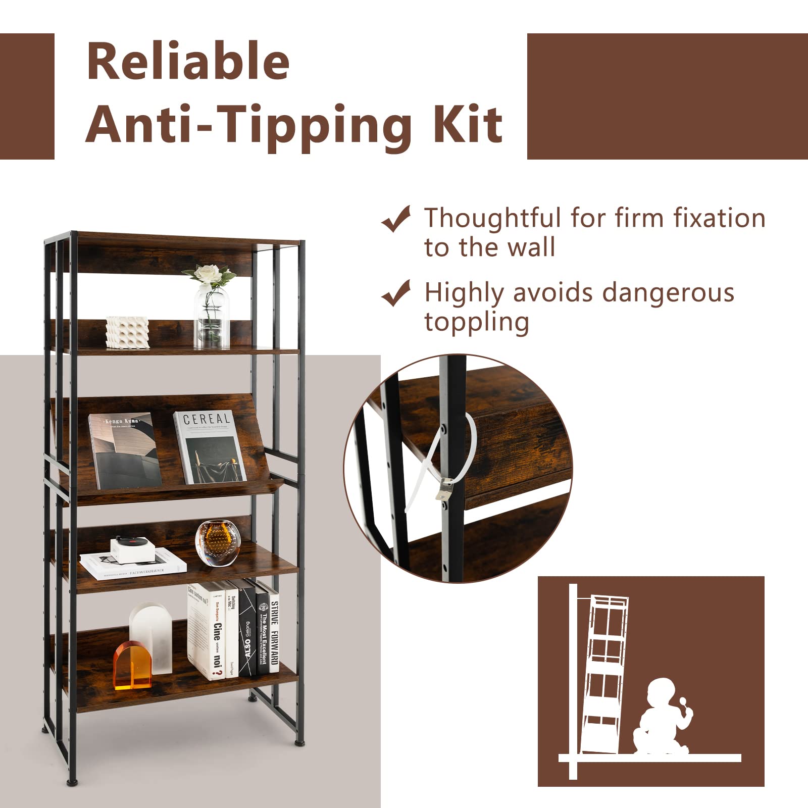 Giantex 5-Tier Industrial Bookshelf Rustic Brown - Metal Frame 61" Tall