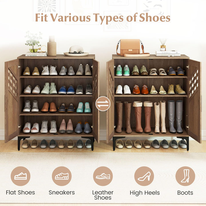 Giantex Shoe Cabinet 4-Tier Wooden Shoe Organizer Cabinet(Hollow Woven Door)