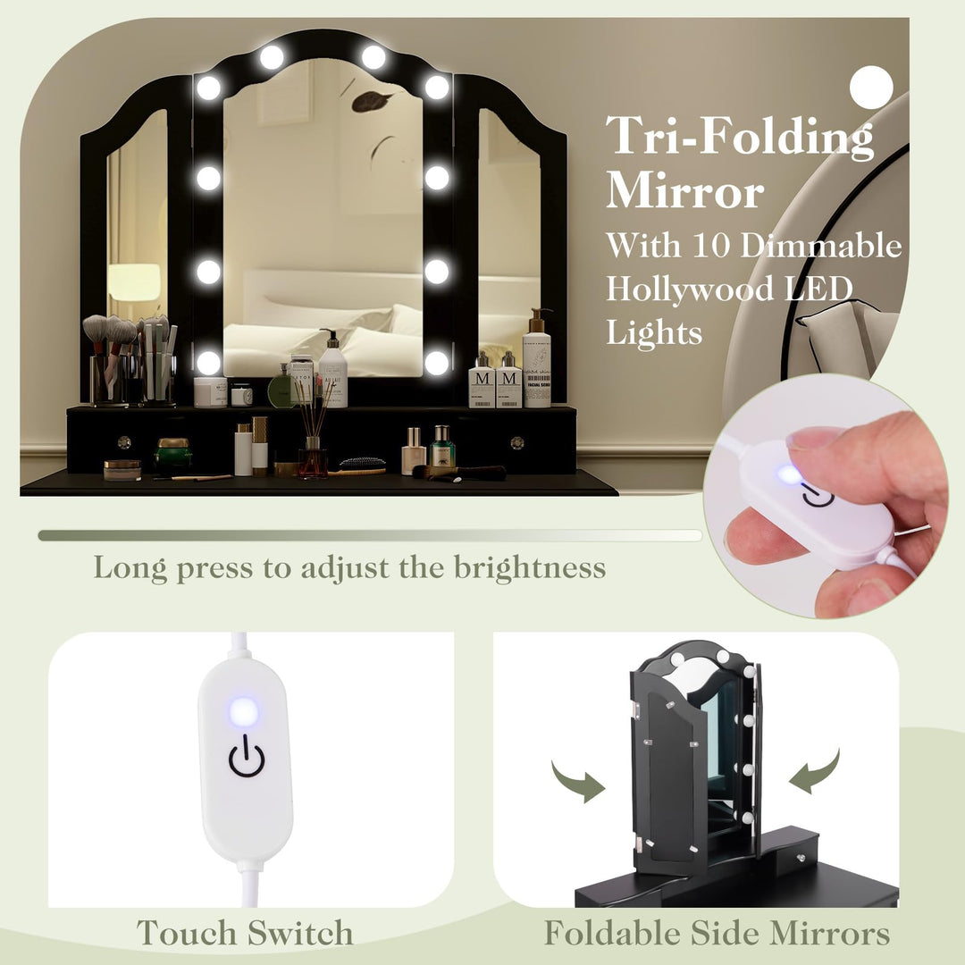 CHARMAID Vanity Desk with Lights - Makeup Vanity Table with Tri-Fold Mirror, 10 Adjustable Hollywood LED Lights, 4 Storage Drawers