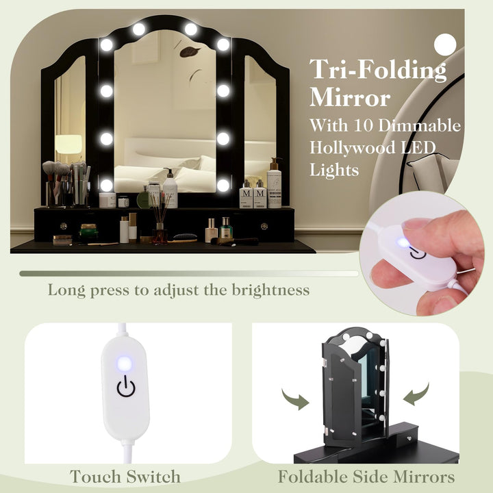 CHARMAID Vanity Desk with Lights - Makeup Vanity Table with Tri-Fold Mirror, 10 Adjustable Hollywood LED Lights, 4 Storage Drawers