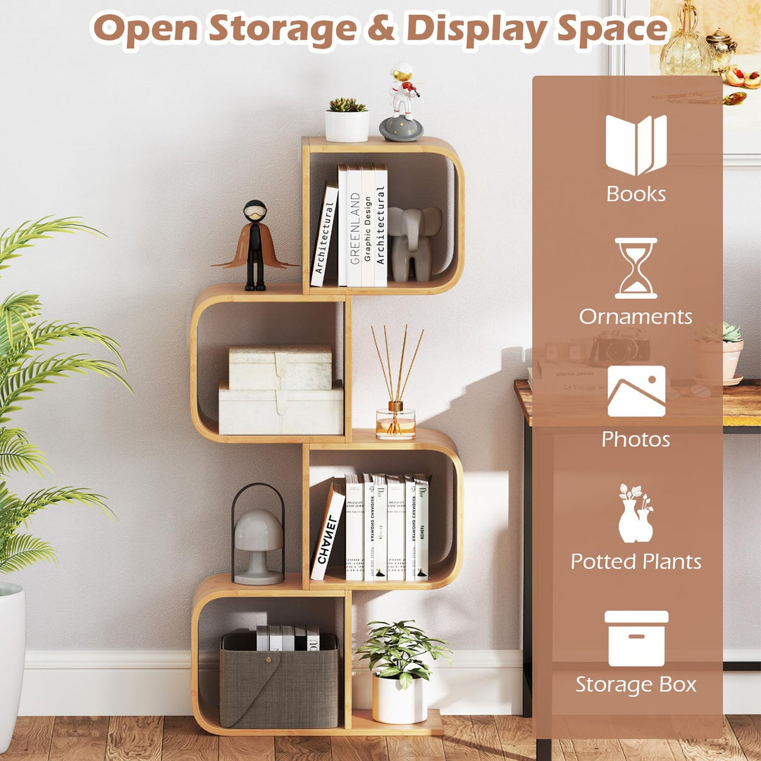 Giantex 4-Tier S-Shaped Bamboo Bookshelf with 4 Open Cubes