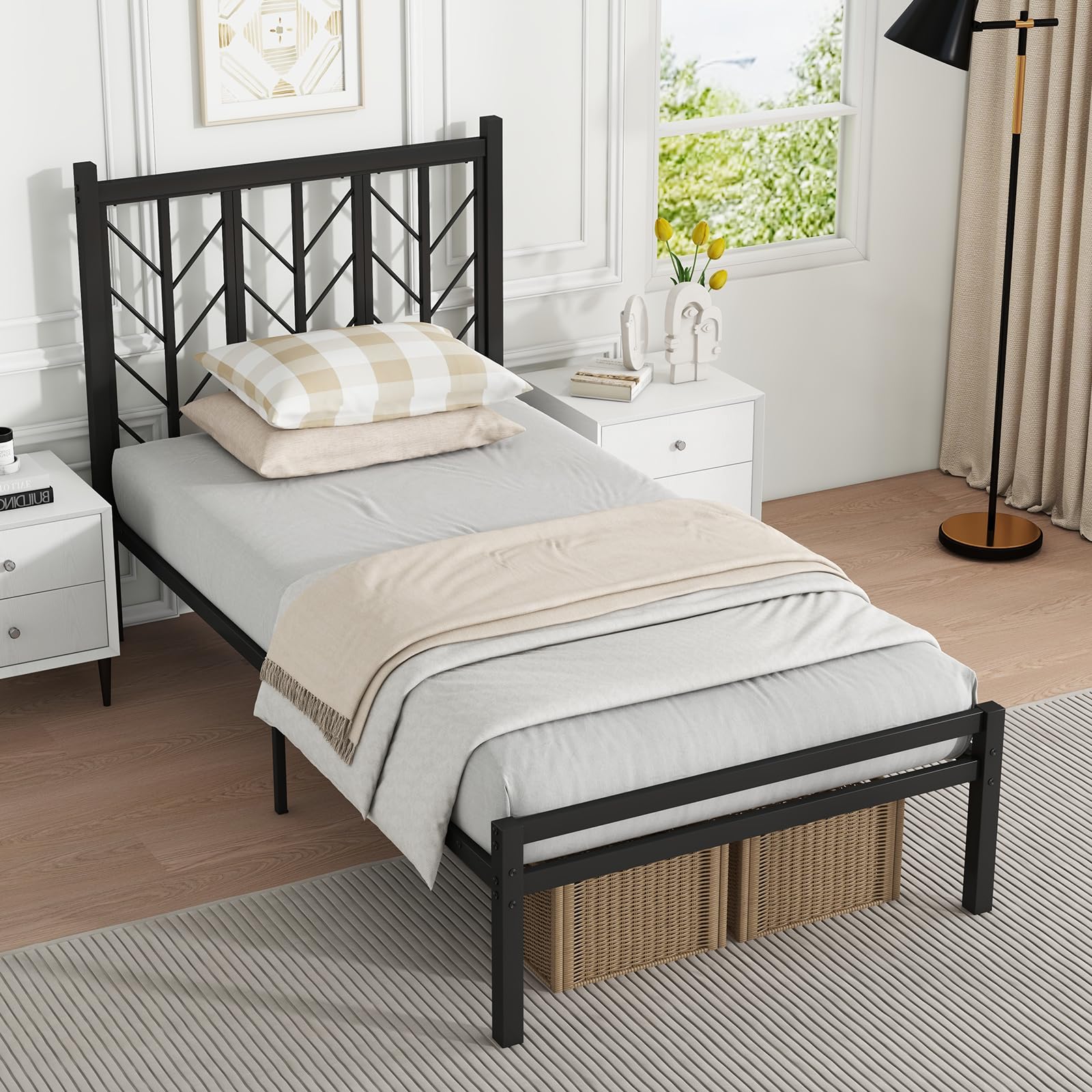 Giantex Bed Frames with Vintage Headboard, Metal Mattress Foundation for Storage