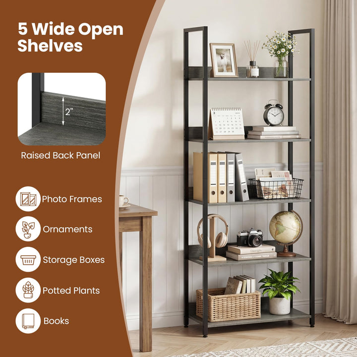 Giantex 5-Tier Tall Wooden Open Bookcase with Back Panels &amp; Metal Frame (1/2)