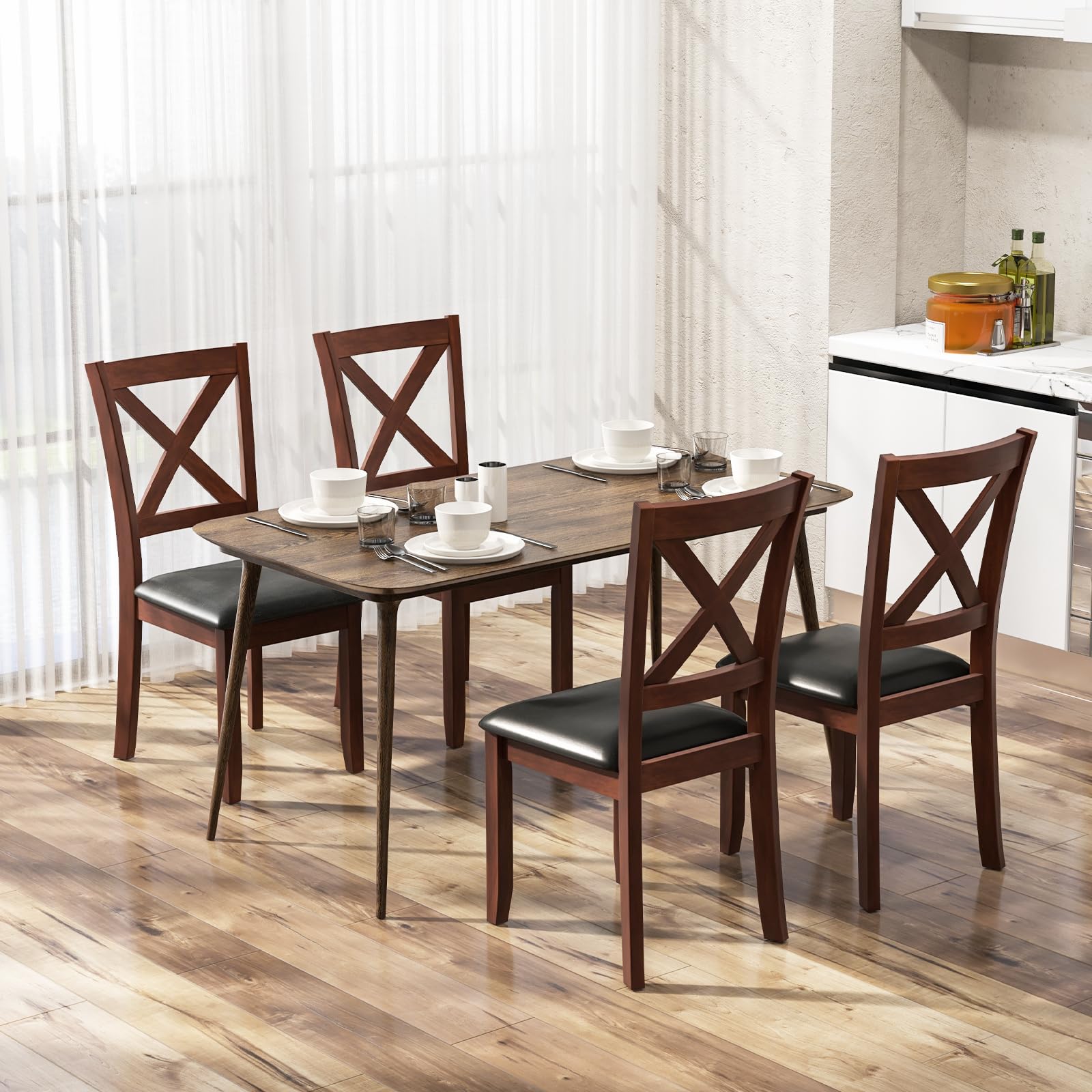 Giantex Wood Dining Chairs, Faux Leather Upholstered Dining Chairs with Rubber Wood Legs
