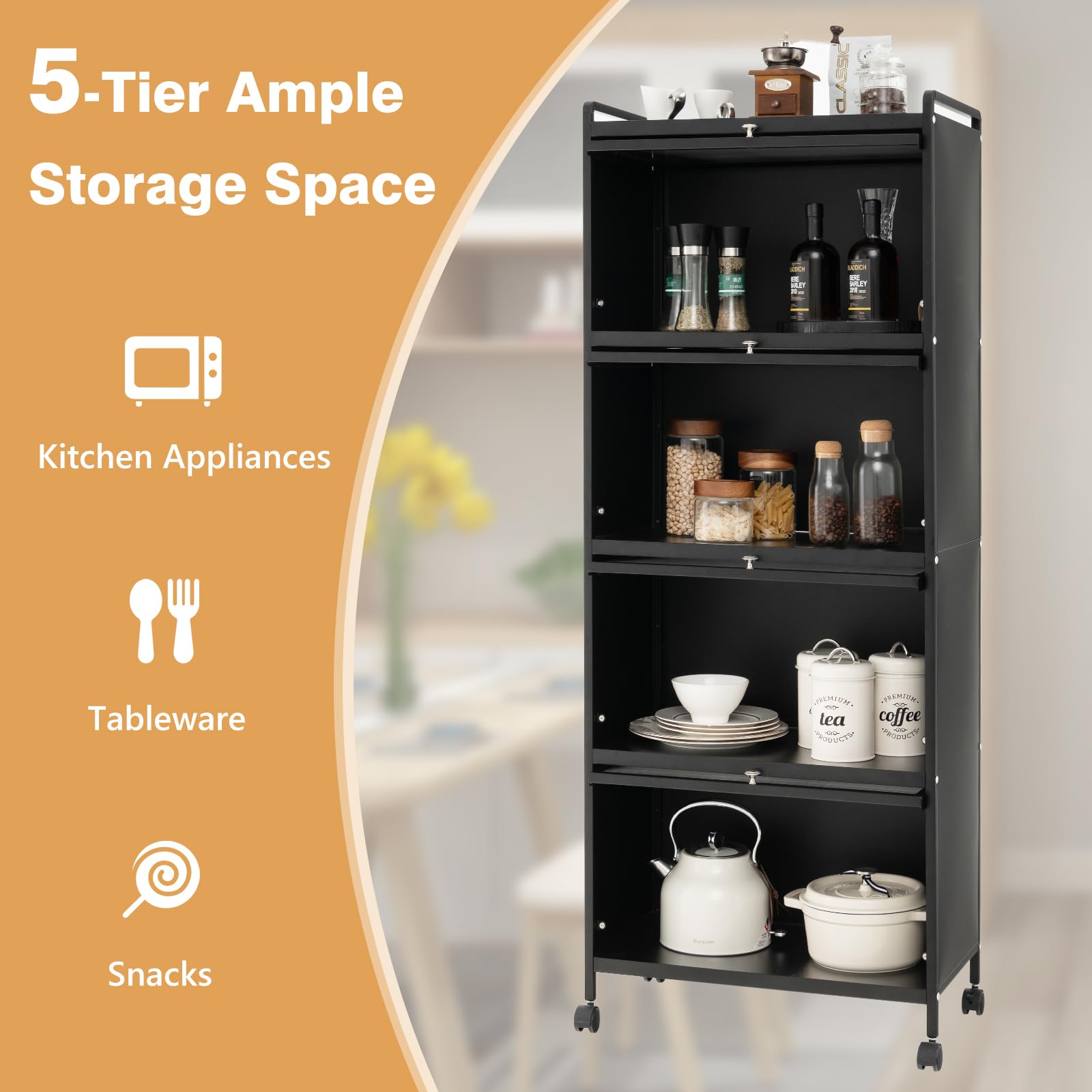 Giantex 5-Tier Kitchen Storage Cabinet, Mobile Microwave Stand with Flip-up PC Doors