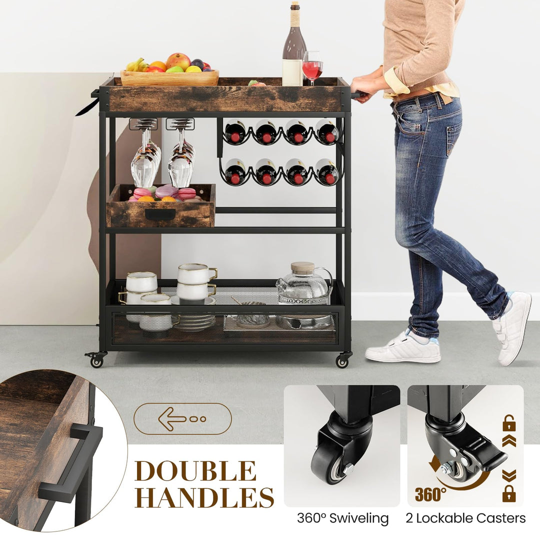 Giantex Rolling Bar Cart, 3-Tier Industrial Buffet Serving Cart with Wine Rack, Stemware Rack & Removable Tray