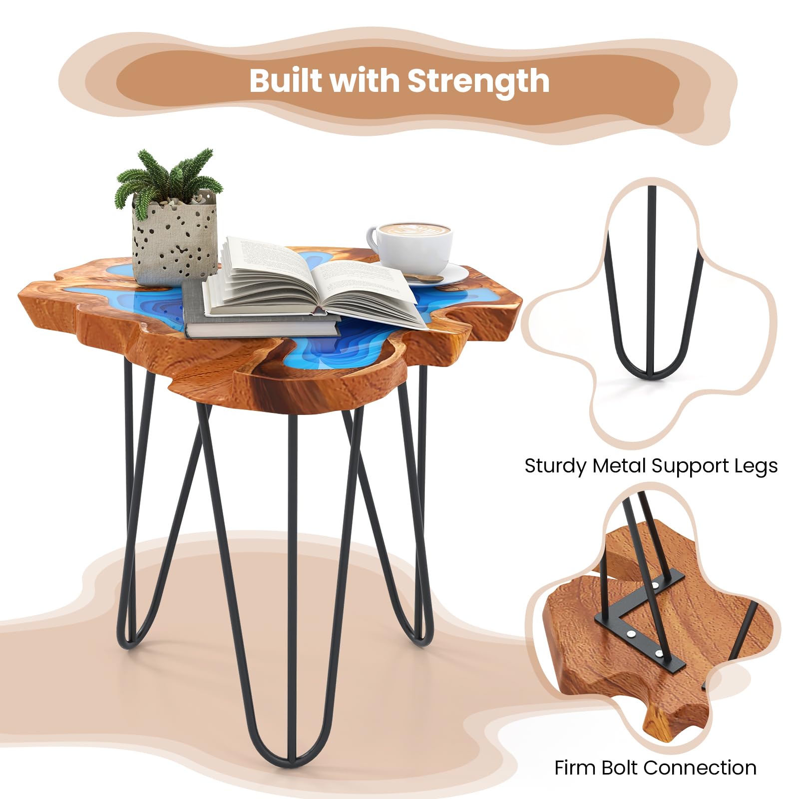 Giantex 21” Teak Wood Outdoor Side Table - Epoxy Resin End Table with Irregular Tabletop