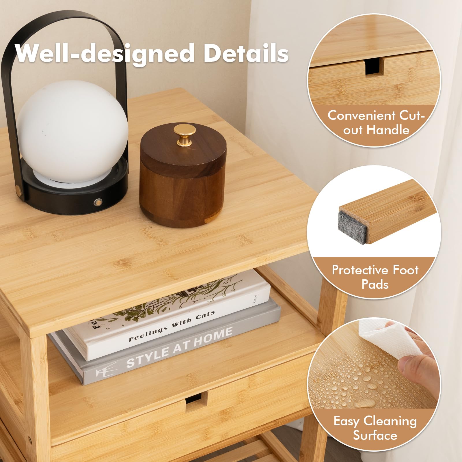 Giantex Nightstand Set of 2, Bamboo End Table with Drawer and 2 Open Shelves