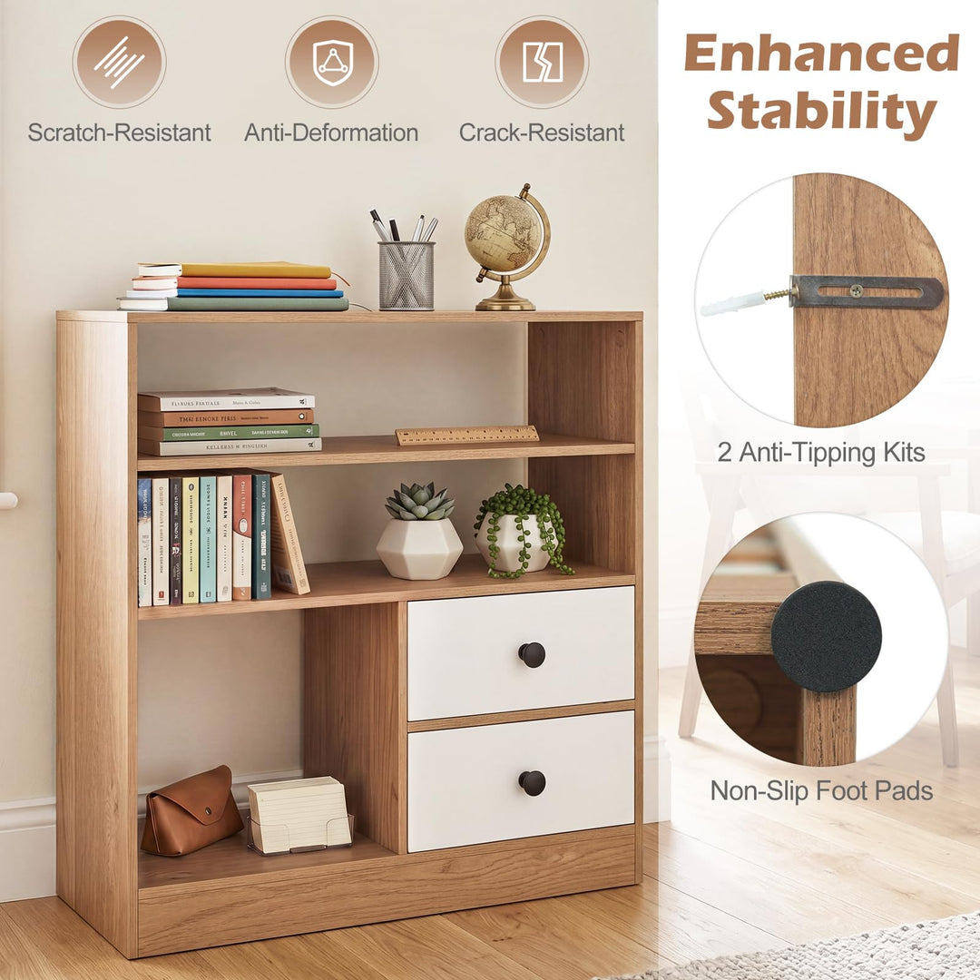 Giantex 4-Tier Freestanding Bookcase w/3 Open Compartments &amp; 2 Detachable Fabric Drawers