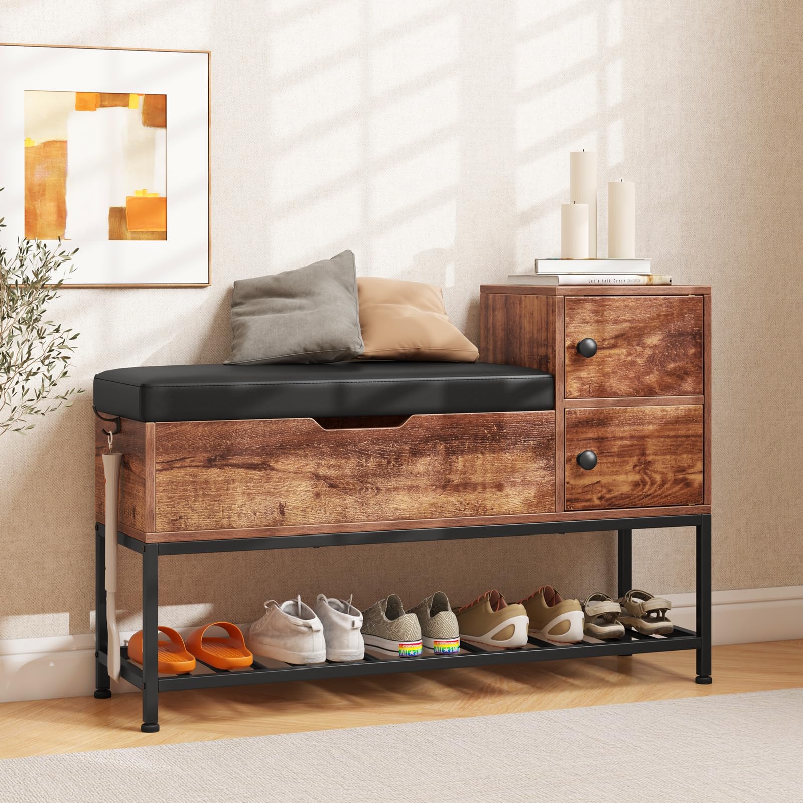 Giantex Shoe Bench with Storage - Entryway Bench with Shoe Rack, Flip Top Storage Box, 2 Door Cabinets, Padded Cushion
