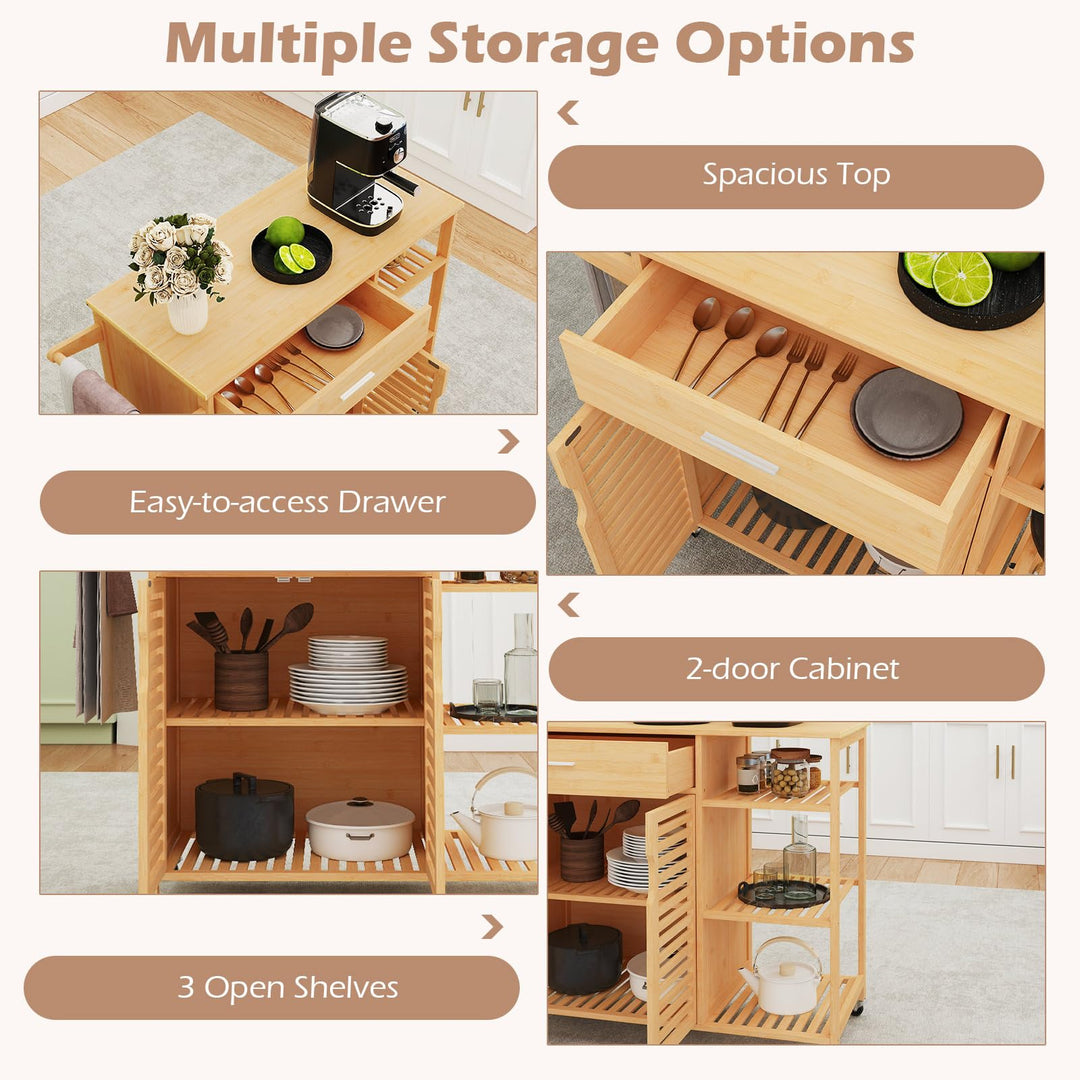 Giantex Bamboo Kitchen Island Cart with Drawer and Storage Cabinet