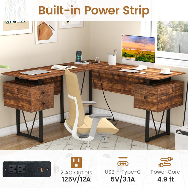 Giantex L Shaped Desk with Drawers, 59” Large Computer Desk with Power Outlet