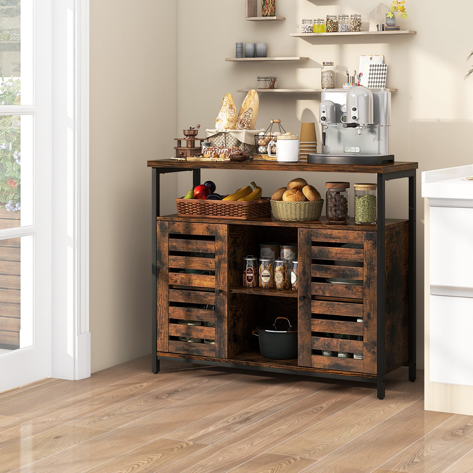 Giantex Buffet Cabinet, Kitchen Sideboard with 2 Storage Cupboards, Open Shelves, 2 Cubes, Anti-Tipping Kits