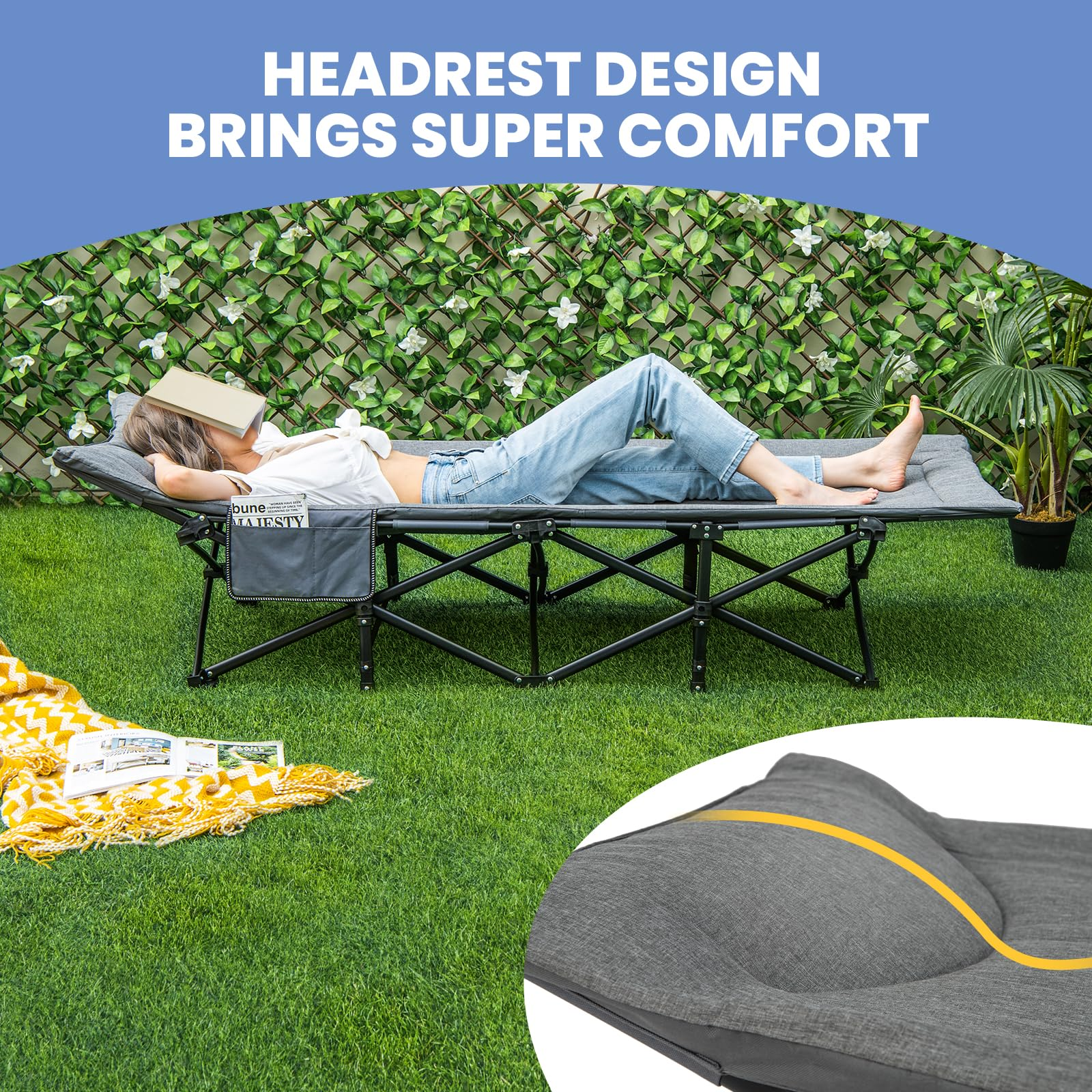 Giantex Folding Camping Cot for Adults - Sleeping Cot Bed with Carry Bag, Cushion & Headrest, 10 Foots