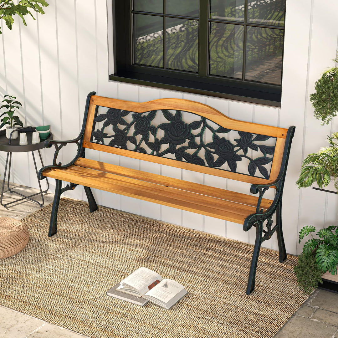 Giantex Outdoor Bench, Garden Bench with Slatted Seat, Curved Armrests, Flower Pattern Backrest, 470 Lbs Capacity