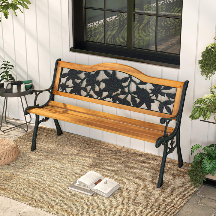 Giantex Outdoor Bench, Garden Bench with Slatted Seat, Curved Armrests, Flower Pattern Backrest, 470 Lbs Capacity