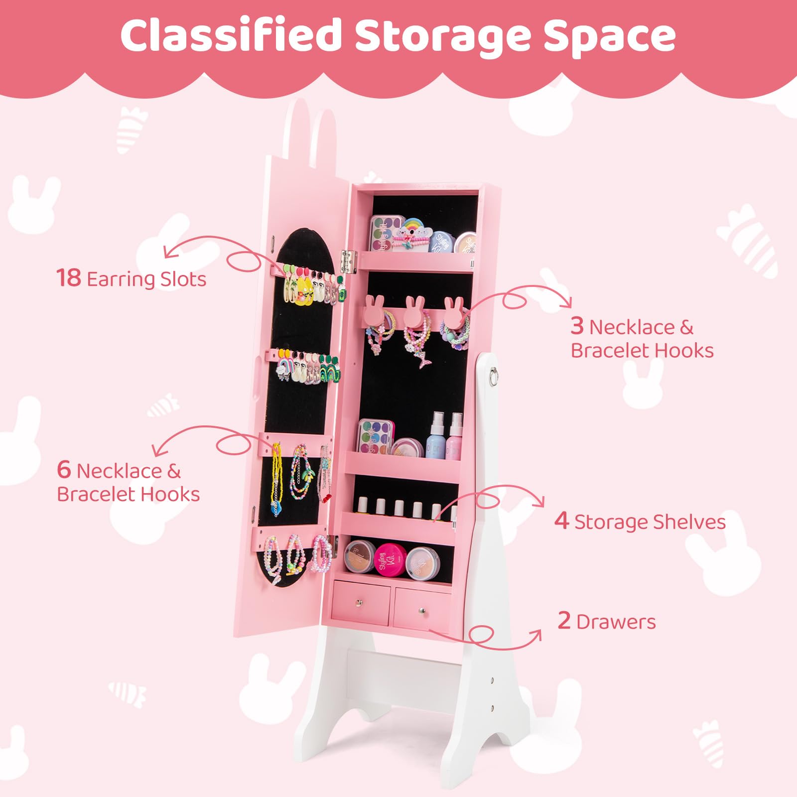 CHARMAID Kids Mirror Jewelry Cabinet - 45" Standing Jewelry Armoire with Full Length Mirror