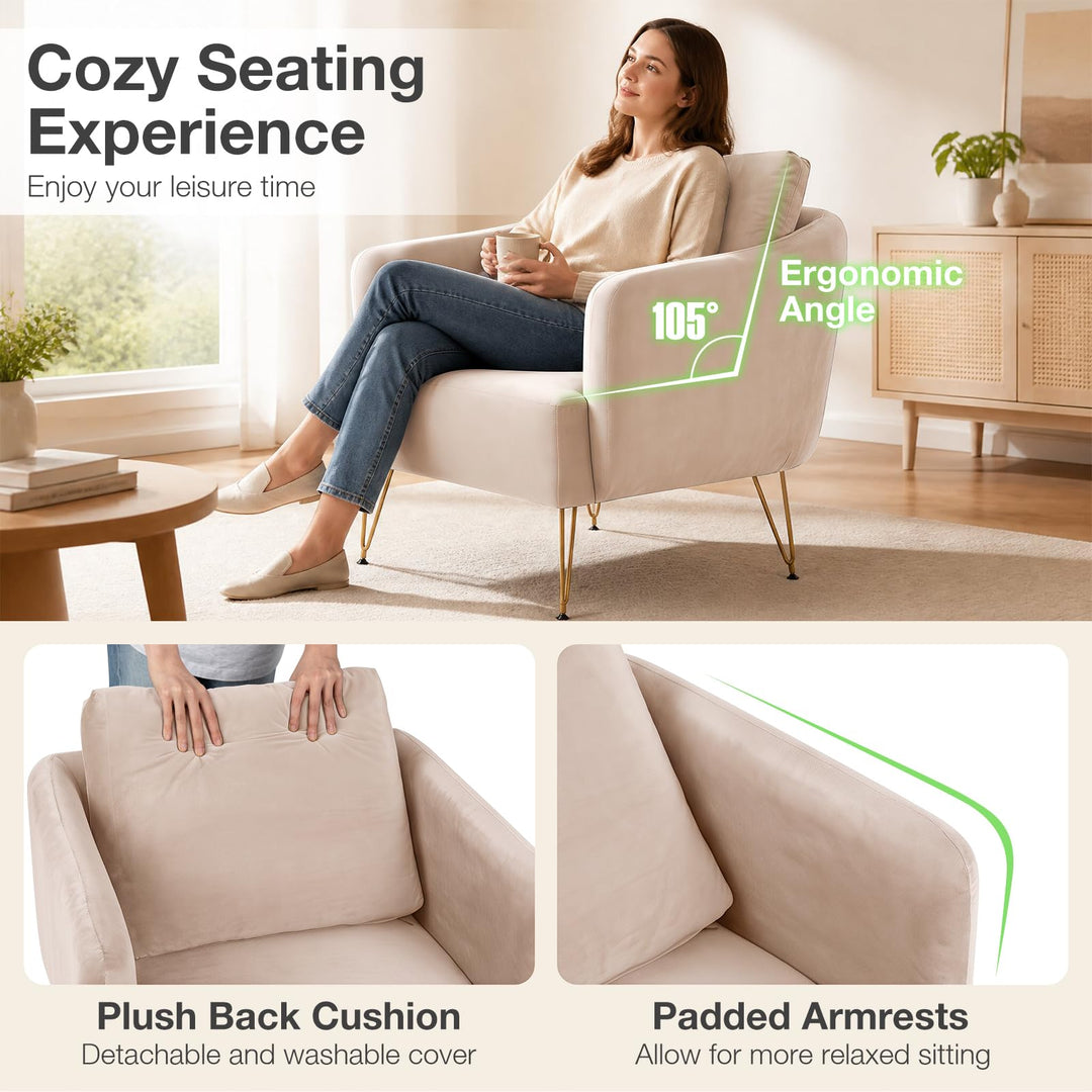GIANTEX Modern Upholstered Arm Chair w/Golden Metal Legs &amp; Back Cushion (1/2)