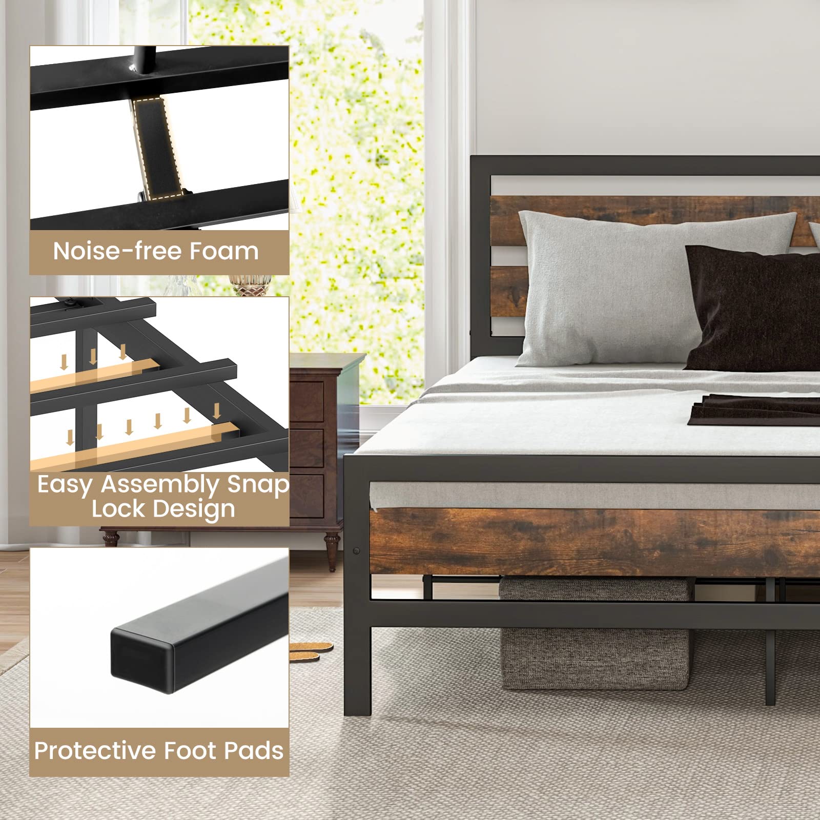 Giantex Queen Metal Platform Bed Frame with Wooden Headboard & Footboard, Rustic Brown