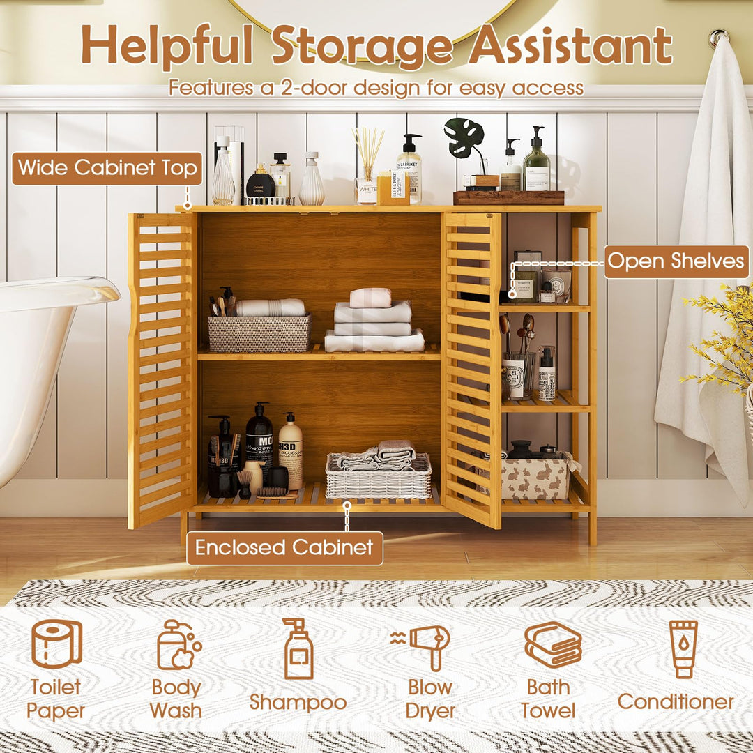 Giantex Bamboo Bathroom Storage Cabinet 2-Door Storage Organizer with Shelves