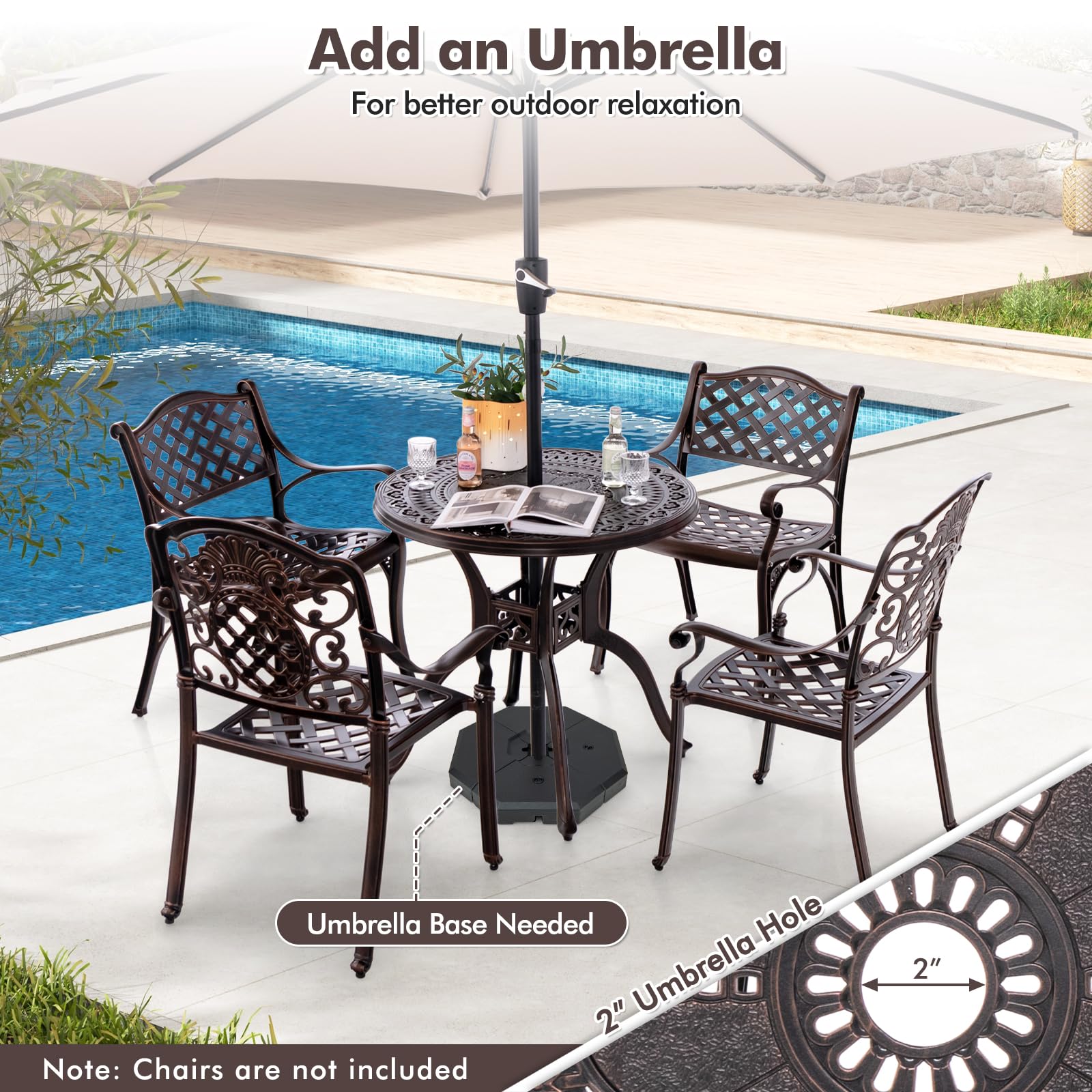 Giantex 31.5" Patio Bistro Table, Cast Aluminum Table Side Table with 2" Umbrella Hole & Adjustable Footpads