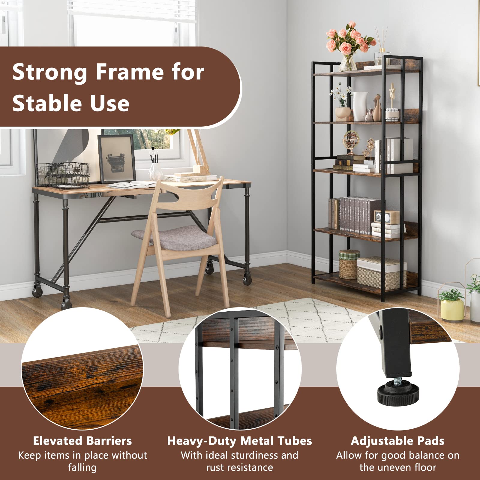 Giantex 5-Tier Industrial Bookshelf Rustic Brown - Metal Frame 61" Tall