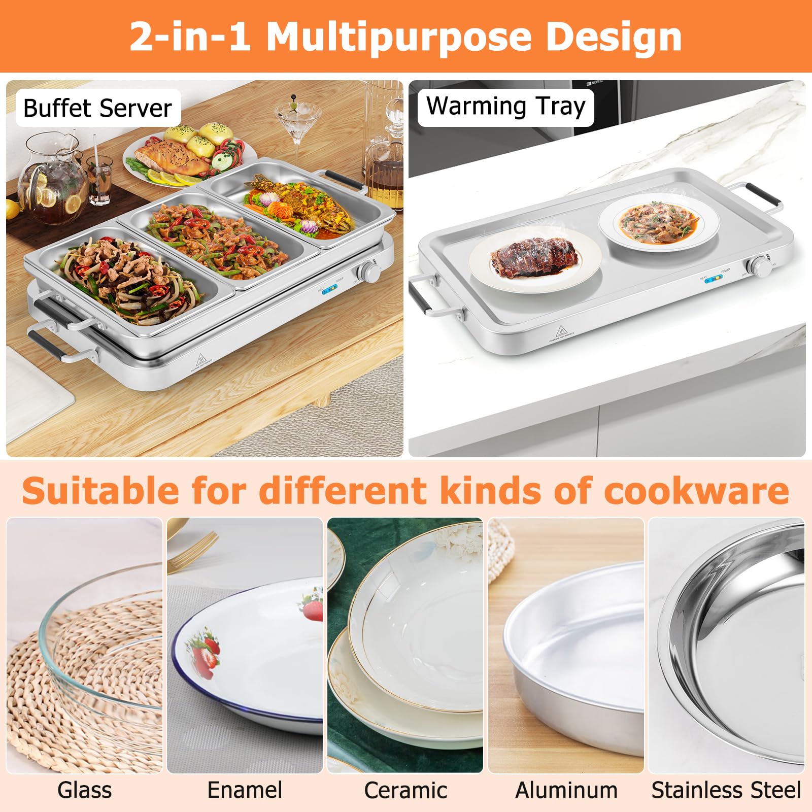 Giantex Buffet Server & Electric Food Warmer, 2-in-1 Food Warming Tray, Adjustable Temperature