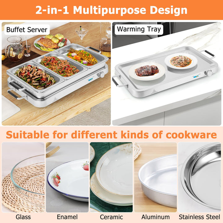 Giantex Buffet Server & Electric Food Warmer, 2-in-1 Food Warming Tray, Adjustable Temperature