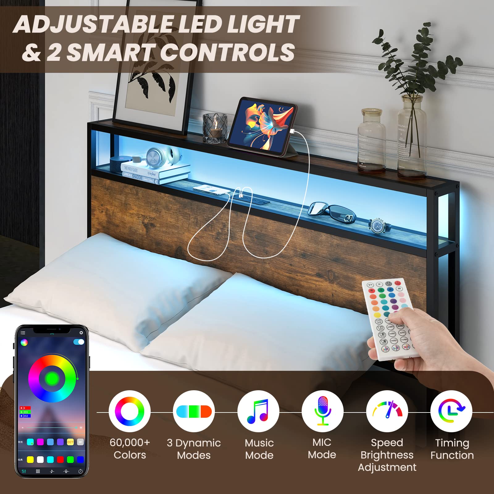 Queen/Full Bed Frame with LED Lights Headboard and 4 Storage Drawers - Guiantex