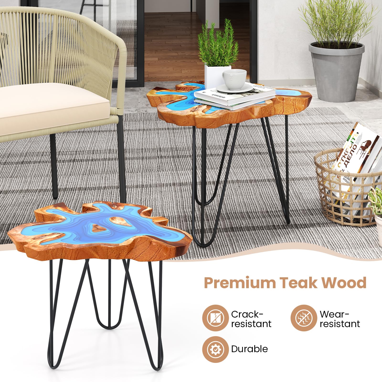 Giantex 21” Teak Wood Outdoor Side Table - Epoxy Resin End Table with Irregular Tabletop