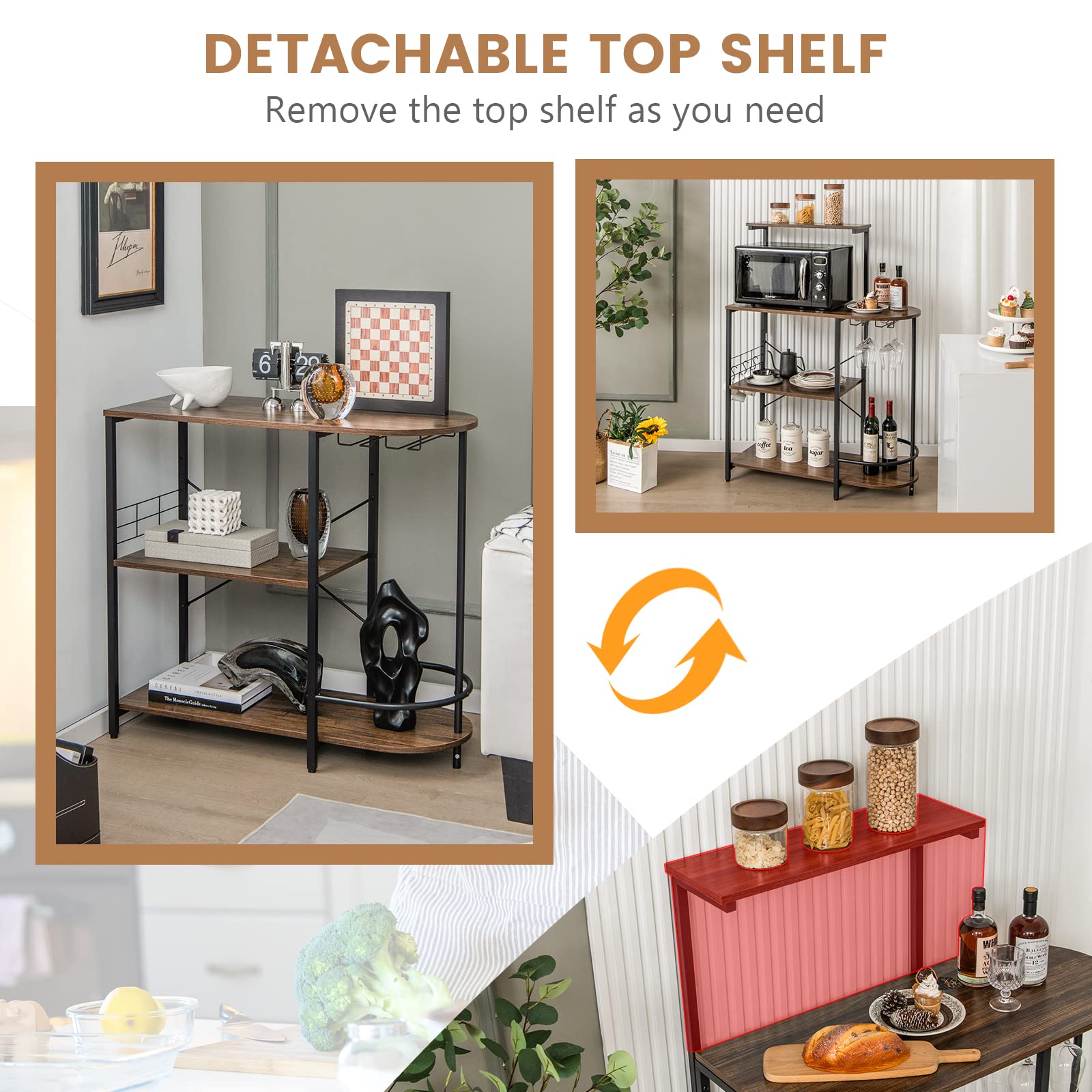 Giantex Kitchen Bakers Rack, 4-Tier Microwave Stand with 6 Hooks & Stemware Racks (Rustic Brown)